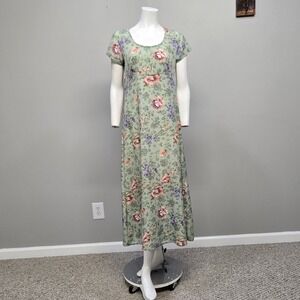Vintage 90s All That Jazz Maxi Dress 5/6‎ Green Floral Empire Waist Fairy Grunge